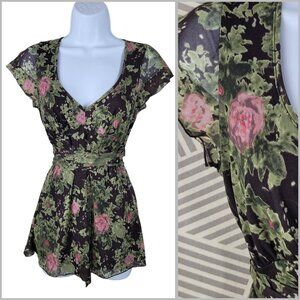 Vintage DKNY Top Blouse Floral Mesh Size XS Chiffon semi sheer alt Tie Waist